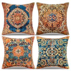 DecorMommt Carpet Cushion Covers Tribal Abstract Vintage Blue Cushion 40 x 40 cm Set of 4 Oriental Ethnic Cushion Covers Decorative Cushions for Sofa Antique Decorative Cushion Bohemian