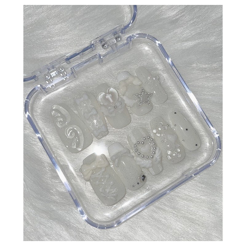 Angelic White Handmade Nail Tips - Long Oval / 엔젤릭