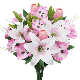 Zythrem 2 Bunches Pink Artifical Lily Flowers Silk Lilies Tulips Bouquet Lifelike Faux Flowers Bouquet for Wedding Bridal Bouquet, Home Office Decor, Table Centerpiece, Party Decoration
