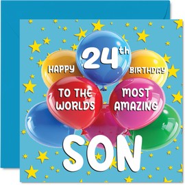 24th Son Birthday Card - World's Most Amazing Son - Happy 24th Birthday Card for Son from Mom Dad, 5.7 x 5.7 Inch Age 24 Twenty-Four Greeting Cards for Son