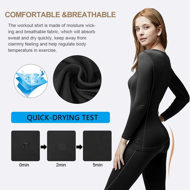 MeetHoo Women's Winter Warm Base Layer Set, Black, Small