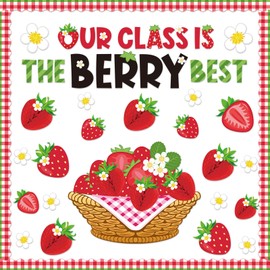 Chiisong 85 Pcs Fruit Bulletin Board Set Strawberry Classroom Decorations 3D Strawberry Honeycomb Balls Flower Berry Cutouts for Summer Holiday Back to School Home Wall Birthday Party Decor