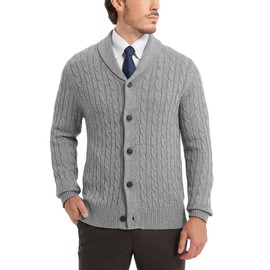 Kallspin Men's Shawl Collar Sweater Cardigan Wool Blend Button Down Cable-Knit Cardigan Knitwear (Light Grey M)