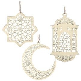 EID by MUBARAK DECORATION - Reusable Wooden Garland - AID MOUBARAK - Pack of 6 - 2 Lanterns, 2 Moons, 2 Stars - Large Format - For a Beautiful and Memorable Celebration After Ramadan.