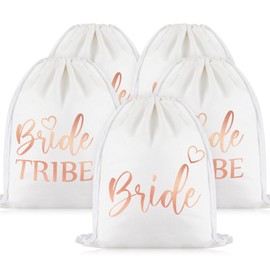 Weewooday Pack of 5 Cotton and Linen Bridal Gym Bags with Drawstring Including 1 Bride Bag and 4 Bride Tribe Backpack Canvas Bridal Shower Gifts for JGA Wedding Engagement, White with Tanning Rose