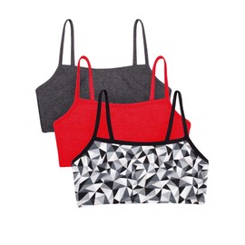 Fruit of the Loom Women's Spaghetti Strap Cotton Pull Over 3 Pack Sports Bra, Kaleidoscope/Charcoal/Red Hot, 34