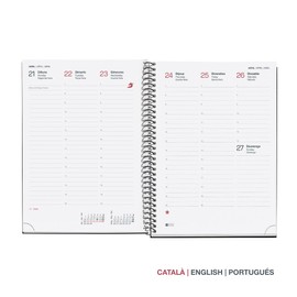 Miquelrius - 2025 Calendar Year Planner 155 x 213 mm Week to View Recycled Card Cover 100gsm Recycled Paper Rubber Closure Catalan, English & Portuguese