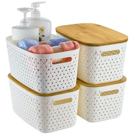 ZFTMRR Plastic Storage Bins with Bamboo Lids, Stackable Small Box Baskets for Organizing and Containers for Shelves Drawers Desktop Closet Pantry Classroom Office Home, 4 Pack 12x7.3x6.2 Inch, White