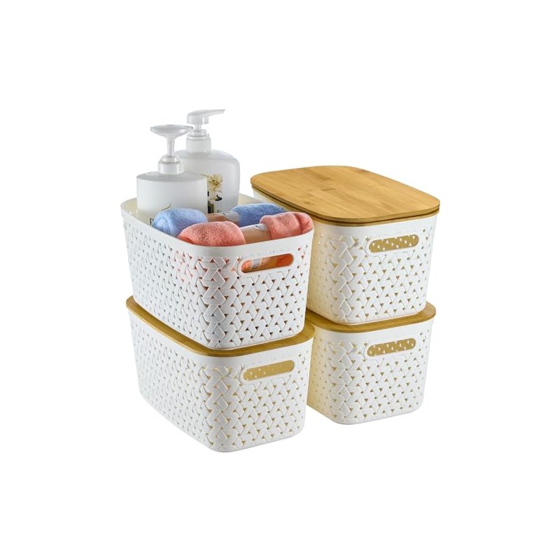 ZFTMRR Plastic Storage Bins with Bamboo Lids, Stackable Small Box