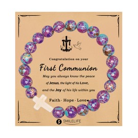 Cross Bracelets for Girls Boys Baptism First Communion Confirmation Gift Christian Bracelets Easter Basket Stuffers for Teens (Communion-Emperor Stone)