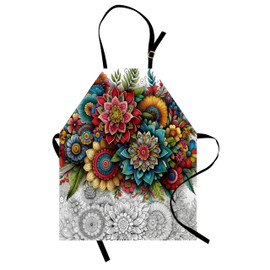 Ambesonne Modern Apron, Jumble Colors Illustration of Oriental Floral Motif with Greenery Leaves, Unisex Kitchen Bib with Adjustable Neck for Cooking Gardening, Adult Size, Off White Multicolor