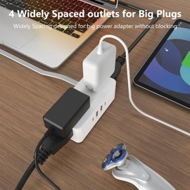 Thin Flat Plug Extension Cord, Surge Protector Power Bar with 4 Wide Spaced AC Outlets and 2 USB Ports & 2 USBC Ports, 5 Feet Small Power Strip for Dorm Room Home Office Supplies