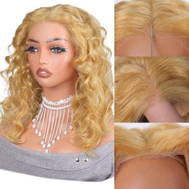 QNQZ 14 Inch Honey Blonde Short Wear and Go Glueless Wigs Human Hair Pre cut 7x5 HD Closure Wigs Human Hair Honey Blonde Body Wave Glueless Wigs Human Hair 27# Colored 200% Density