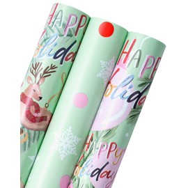 WRAPAHOLIC Christmas Wrapping Paper Roll - Mini Roll - 3 Rolls - 17 Inch X 120 Inch Per Roll - Happy Holiday Lettering with Christmas Ball and Elk, Snowflakes Holiday Collection