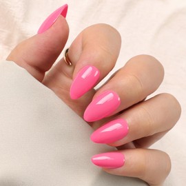 Artquee Neon Hot Pink Almond Press on Nails Short Solid Color Fake Nails Kit Glossy Reusable False Stick on Fingernails for Women - 32 Pcs in 16 Sizes