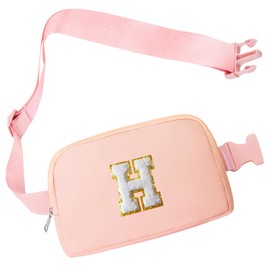 COSHAYSOO Pink Small Waist Fanny Pack Belt Bag with Initial Letter Patch Crossbody Adjustable Strap for Women Teen Girl Traveling Cycling, Mini Cross body Travel Purse Everywhere Kawaii Pouch (H)