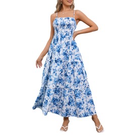 MakeMeChic Women's Floral Print Shirred Cami Dress Spaghetti Strap Sleeveless High Waist Flare Long Dress Blue A Medium