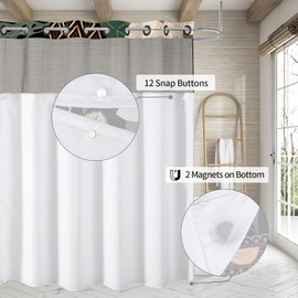 MitoVilla No Hooks Required Extra Long Shower Curtain Set with Snap-in Liner, 86 inch XL Boho Floral Heavyweight Fabric Cloth Shower Curtains for Chic Luxury Modern Bathroom Decor