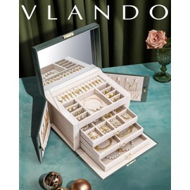 Vlando Jewelry Box for Girls, 4-Tier Jewelry Organizer with Lock, Mirror Jewelry Box for Earring, Ring, Necklace and Bracelets - Green