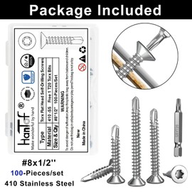 HanTof 100Pcs Torx Drive High-Strength Quick Tapping Screws for Metal, #8 x 1/2" Flat Countersunk Head Self Drilling Screws, 410 Stainless Steel Sheet Metal TEK Screws Assortment with 1 Pcs T20 Bits