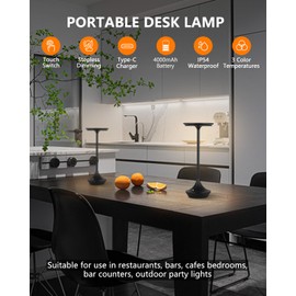 Moddeny LED Cordless Table Lamps Set of 2, 4000mAh Rechargeable Battery Desk Lamps Waterproof Outdoor Camping Light 3 Colors Stepless Dimming Nightstand Lamp for Bedroom/Desk/Cafe/Dining Room/Terrace