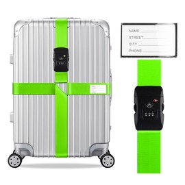 Veki Cross Luggage Straps Set TSA Approved with Lock Adjustable Travel Suitcase Belts Suitcase Tags with Name ID Card Packing Straps for Suitcases Strap Travel Accessories (Green, 1pcs)