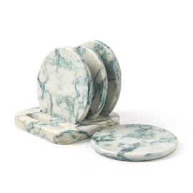 Marble Coasters Set of 4 with Display Stand, 3.9 Inch Round, Green