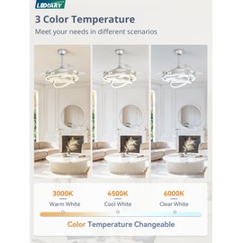 LEDIARY 42 Inch Retractable Ceiling Fan with Lights, Fandelier Ceiling Fan with 6 Speeds,3000K-6000K Adjustable,and DC Motor,Chandelier Ceiling Fans with Lights for Bedroom Living Room,Silver