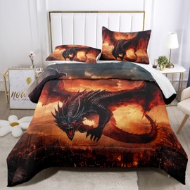 Raphus cucullatus Dragon Comforter Set Queen Size,Ancient Wild Animal Dragon Pattern Bedding Set,Dragon Bedding Set Queen,Boys Bedding Sets Queen,3D Dragon Cartoon Queen Bedding Sets for Boys