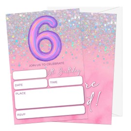 Gsauto Birthday Invitations Girl, 20 Pink and Glitter Invitation Cards with Envelopes, Rainbow Foil 6th Invites for Party Decorations Favor Supplies - C06