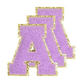 MECCANIXITY Chenille Letters a Patches Large Size 80mm/3.15 Inch Iron-on Letters a Patches Golden Glitter Embroidered Patches for Clothing, Shoes, Hats, Backpacks Pack of 3(Purple)