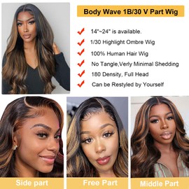 draconenee V Part Wigs Human Hair Body Wave 1B/30 Highlight Ombre Wigs for Black Women Wear and Go Glueless Human Hair Wig Upgrade U Part Wig No Sew in No Glue Beginner Friendly 180% Density 14 inch