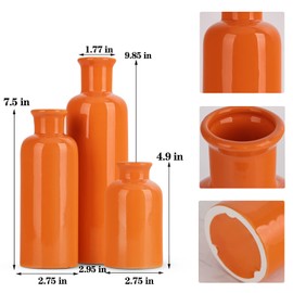 Ceramic Vase Set - 3 Orange Small Vases, Farmhouse Country Flower Vase Home Decor, Living Room Decoration, Table Decoration, Fireplace Decor, and Entrance Decorations Centerpieces
