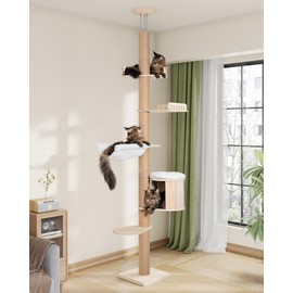 Aechonow Tall Floor to Ceiling Cat Tree for Large Cats, Cat Tower with Scratching Post, Adjustable Height(82-122 in), Large Condo Cave Bed and Hammock for Indoor Cats, Cat Climbing Pole, Wood