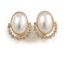 25mm Tall/Oval Faux Pearl Crystal Clip-On Earring in Gold Tone