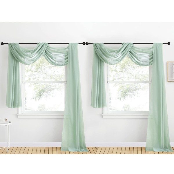 NICETOWN Voile Sheer Scarf Valances for Windows, 216" Extra Long Window Dressings for Anniversary/Wedding Design, Sage Green, 60" Wide, 2 Pieces