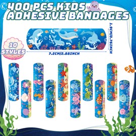 10 Style Kid Bandages Bulk Cute Cartoon Bandage Flexible Adhesive Colorful Strip Waterproof Breathable PE Bandage Protect Scrape and Cut for Summer Ocean Sea Party Girl Boy Children Toddler (400 Pcs)
