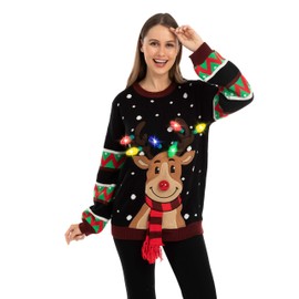 JOYIN Women's LED Illuminated Reindeer Ugly Christmas Jumper with Integrated Bulbs, black