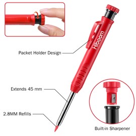 Carpenter's Pencil Set with Built-in Sharpener, 4 Deep Hole Markers, Construction Site Mechanical Pencil Set, Carpenter's Pencil, Craftsman Pencils, DIY Tool with 28 Pencil Leads, Black, Yellow, Red,