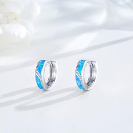 Midir&Etain Blue Opal Hoop Earrings for Men Women 925 Sterling Silver 15mm Huggie Earring Hypoallergenic Jewellery Birthday Gifts for Friends