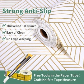 Shelf Liners for Kitchen Cabinets 12in x 20FT, Non Adhesive Cabinet Liner Strong Non-Slip Thickened Gold Geometric Drawer Liner, Easy to Clean for Shelf, Cabinet with Knife and Tape Measure