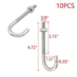MY MIRONEY 10Sets J Bolt with Nut Washer, Stainless Steel Anchors Bolts Hardware Concrete J-Bolt Cement Post Anchor Bolts Fastener, 3/8" x 4.72", Type 2