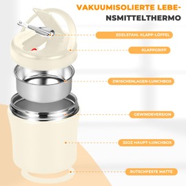 Bibykivn Thermal Food Container - 1200 ml Stainless Steel Heat Retaining Container with Spoon, Thermal Bowl with Lid, Leak-Proof Heat Container for Soups, Yogurt, Porridge (White, 1200 ml)