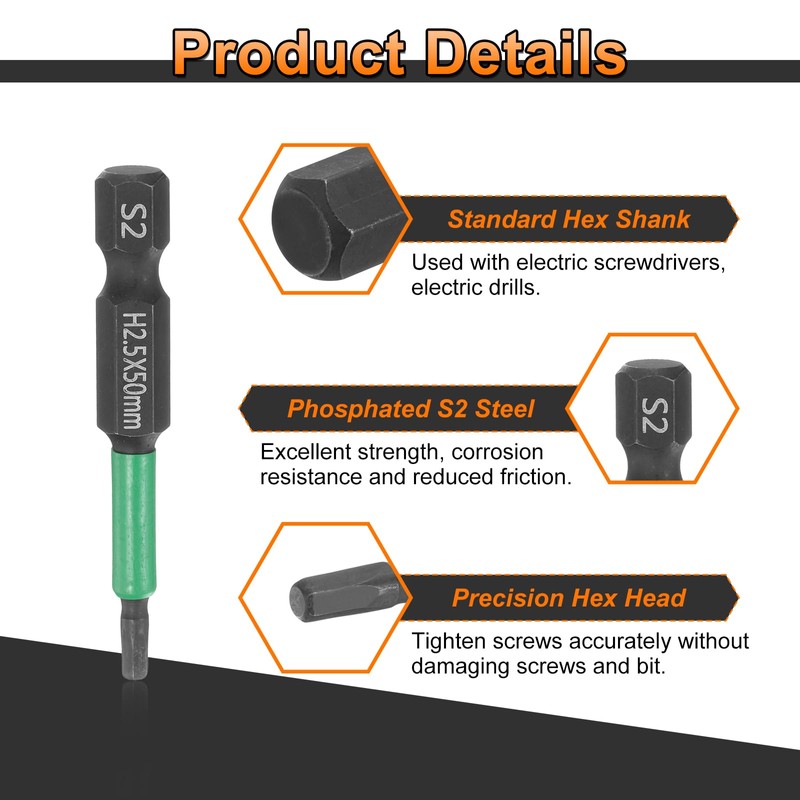 sourcing map H2.5 Flat Hex Head Screwdriver Bit 2.5mm Metric