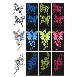 Glow-in-the-Dark Temporary Tattoos - 9 Sheets Half Arm Tattoos for Women & Men - Mystical Butterfly & Snake Designs in 3 Colors (Red/Blue/Yellow) - Fluorescent Body Art for Night Parties