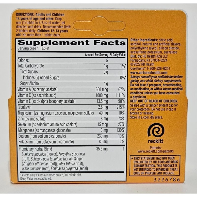 AIRBORNE IMMUNE SUPPORT (ZESTY ORANGE) 10 EFFERVESCENT TABLETS