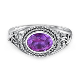 DOTOUJOUR East-West Natural Amethyst Promise Ring for Women 8 * 6mm Oval Shaped Healing Amethyst Rings 925 Sterling Silver Size 7