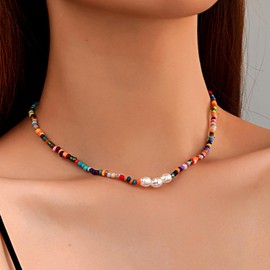 Beaded Choker Necklace for Women Pearl Boho Bead Necklace Adjustable Colorful Turquoise Necklaces Summer Outfits for Gifts