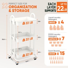 3 Tier Rolling Cart Plastic, Easy Install Utility Cart on Wheels, Heavy Duty Storage Cart with Lockable Wheels for Baby Nursery, Bathroom, Kitchen, Laundry Room, White