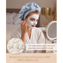 100% Silk Bonnet for Sleeping, 19 Momme Pure Mulberry Silk Hair Wrap with Tie Band Stay On Head, Silky Hair Bonnet for Women, Reduce Frizz (Sky blue)